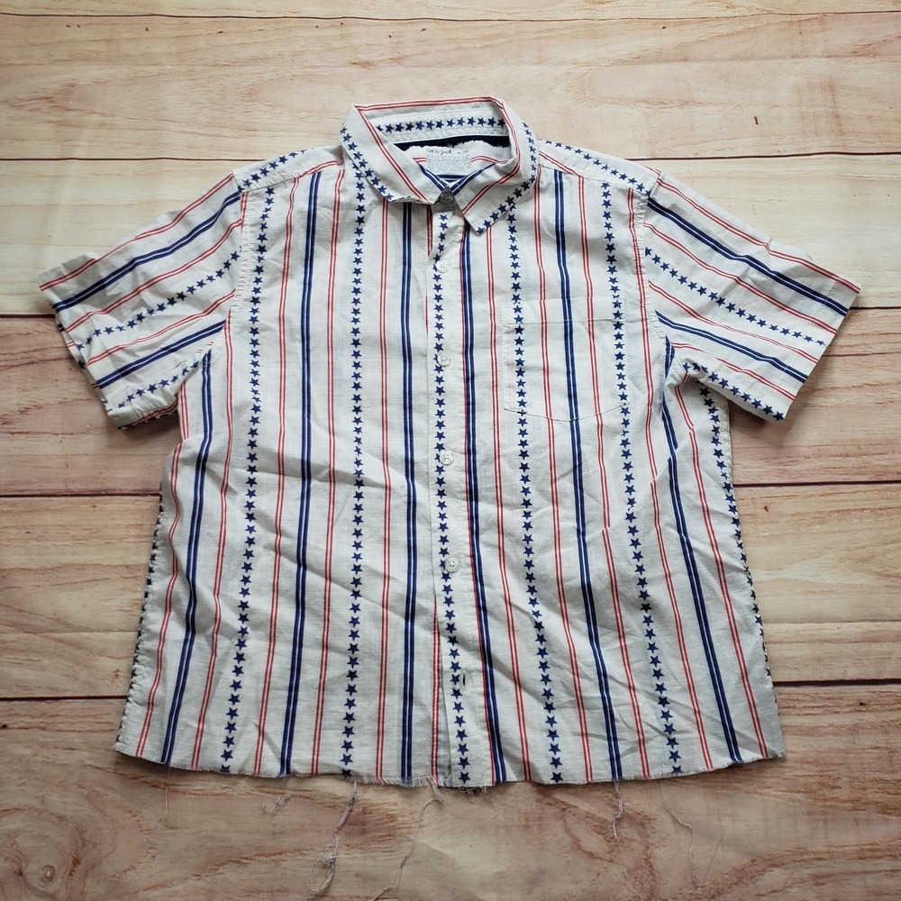 Cat & Jack Button-Up Kids‎ XL (14) White Striped Star Print Short Sleeve